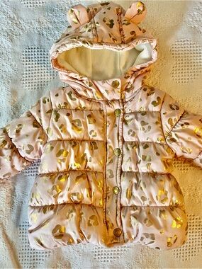 Carter's Toddler Pink Puffer Jacket with Gold Leopard Spots & Lil Ears on Hood